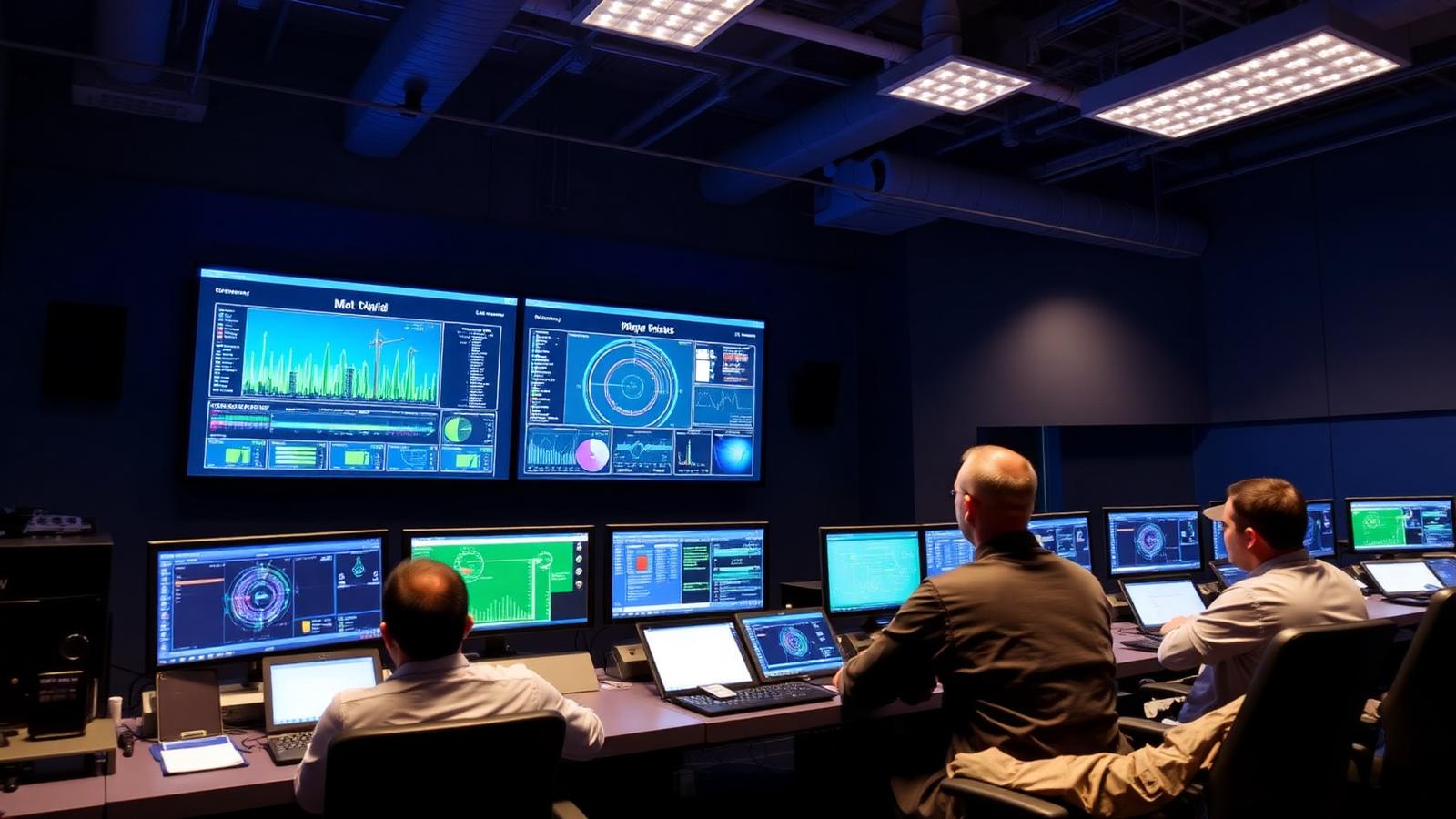Operators monitoring IoT and grid telemetry dashboards in a control room