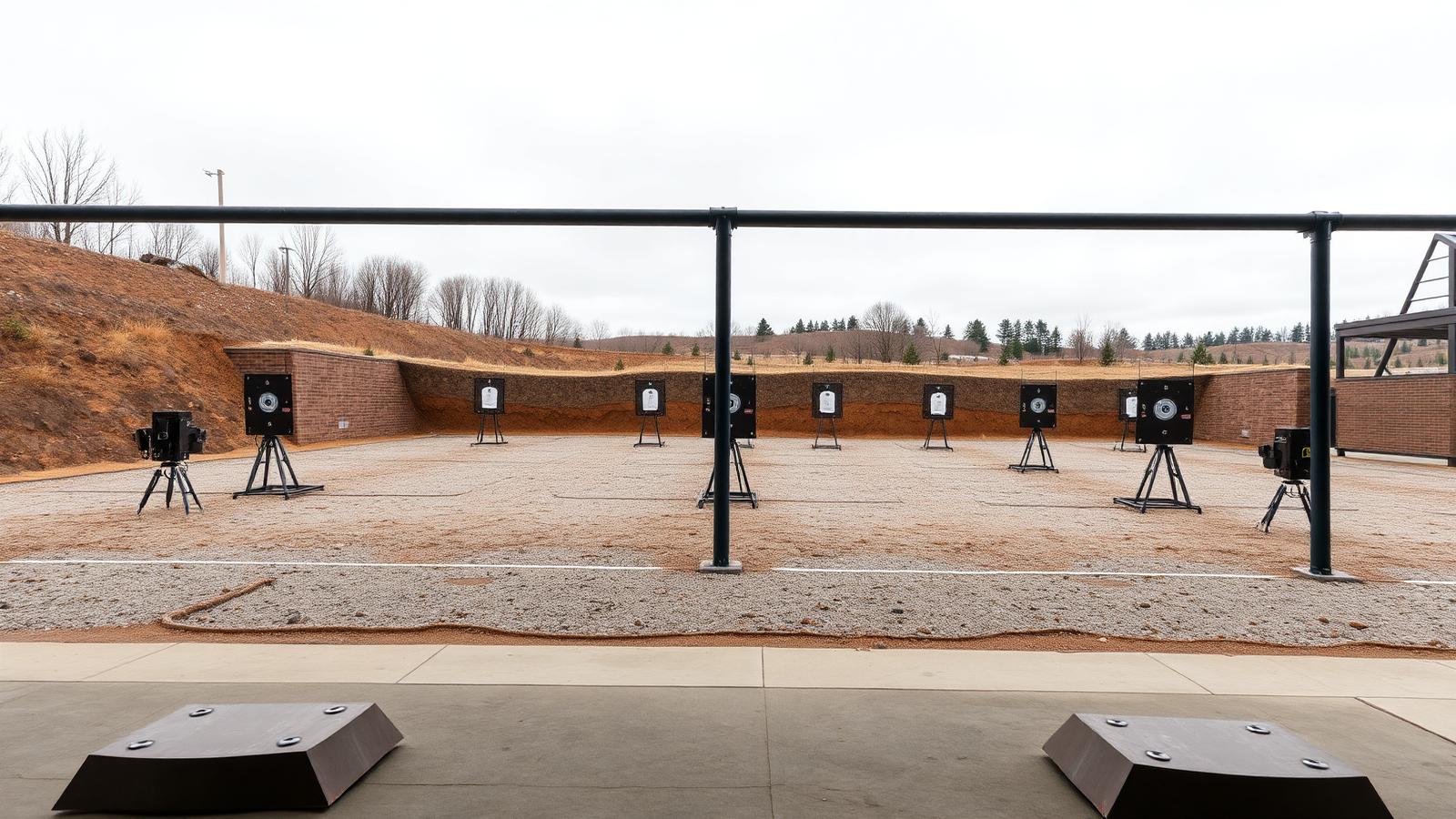 Outdoor sports shooting range with target frames and safety berms